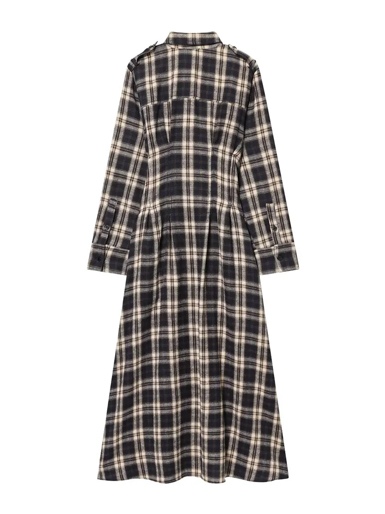 HH Vrouwen Herfst Lange Mouwen Single-breasted Geplooide Jurken Vrouwelijke Mode Turn-down Kraag Geplooide De Taille Midi jurk