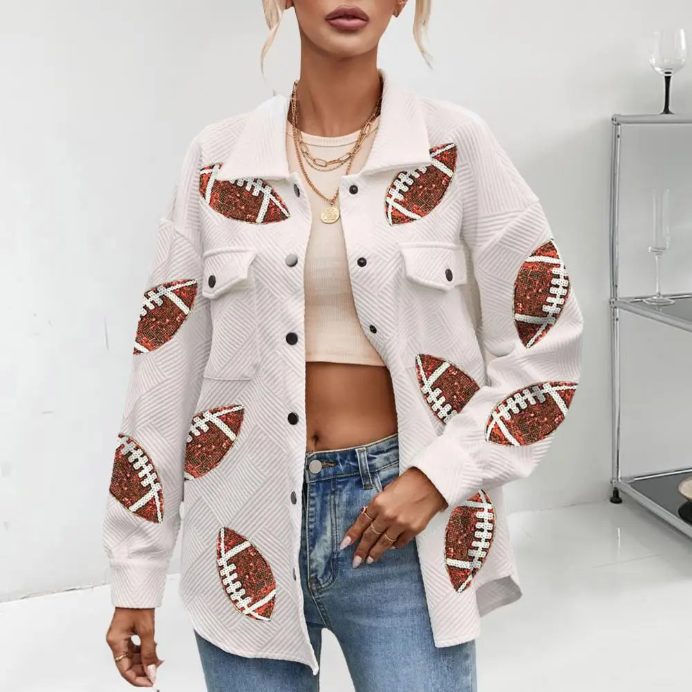 Women Spring Coat Sequin Rugby Ball Pattern Turn-down Collar Outerwear Mid Length Single-breasted Patch Pockets Shirt Jacket