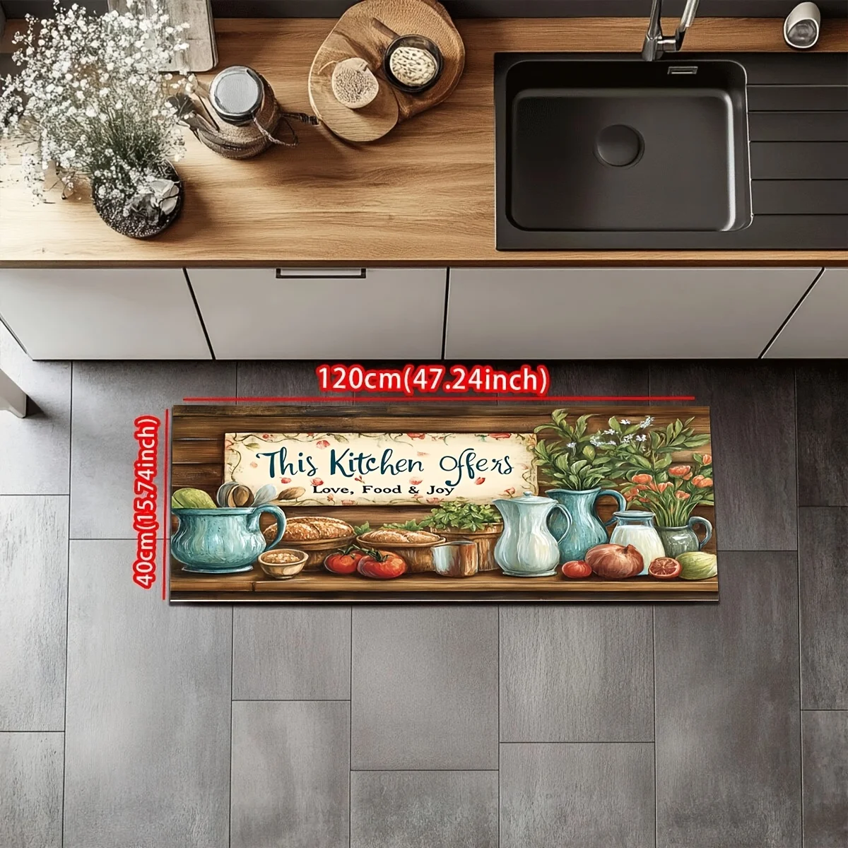 Vintage Kitchen Quote Rug Non-Slip Washable Floor Mat Food Utensils Pattern  Kitchen Hallway Diatom Mud Water Absorbent Carpet