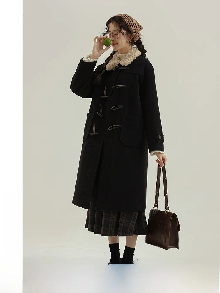

Winter Korean Sle Lamb Fur Collar Woolen Coat Women's Bla Horn Button Mid-Length Coat Vintage Straight Cut Polyurethane E...