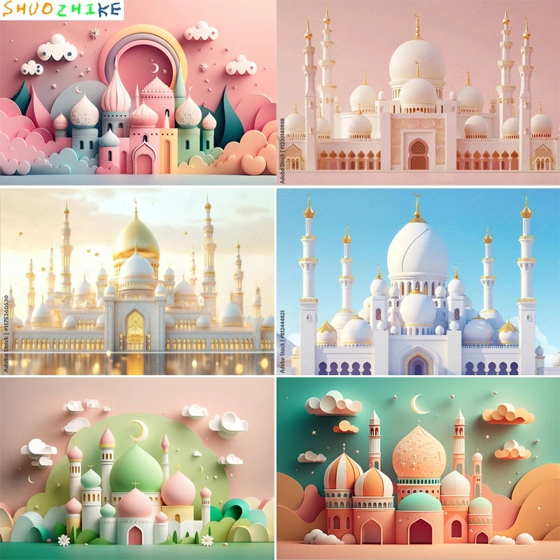 رمضان عيد كريم مبارك السنة الإسلامية الجديدة القمر الفوانيس خلفية قصر عربي الشموع مسجد خلفيات للتصوير الفوتوغرافي EI-03 #1