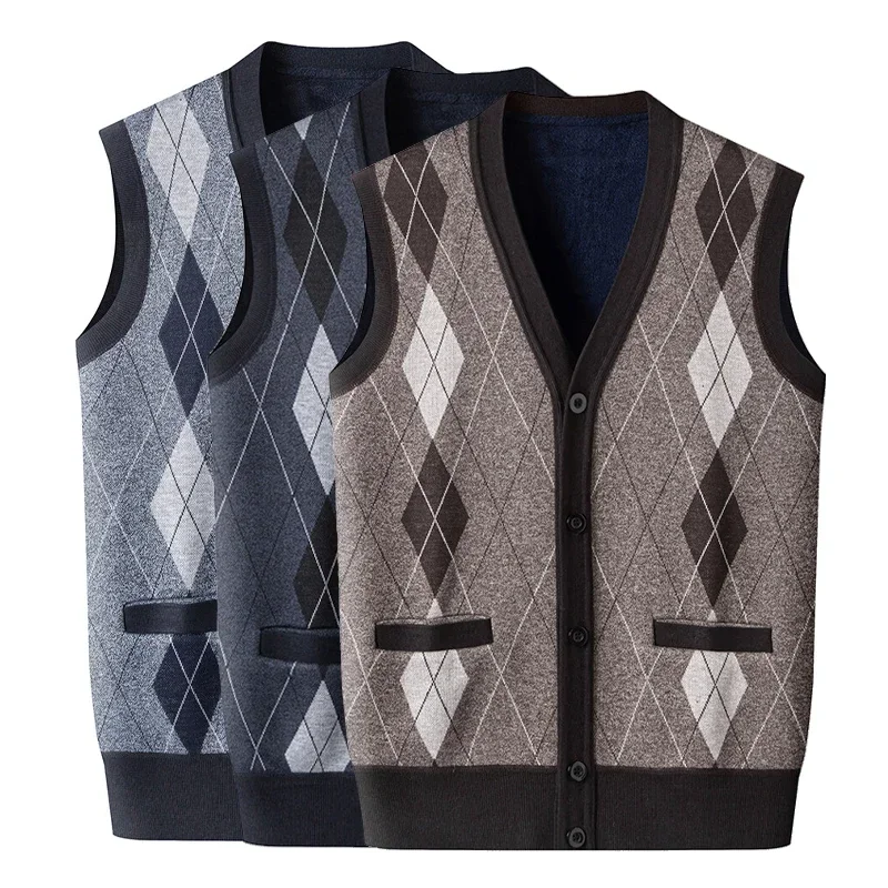 

Mens Sleeveless Vest V Neck Button Down CardiganVests Knitted Suit Vest Dad's Argyle Vest with Pocket