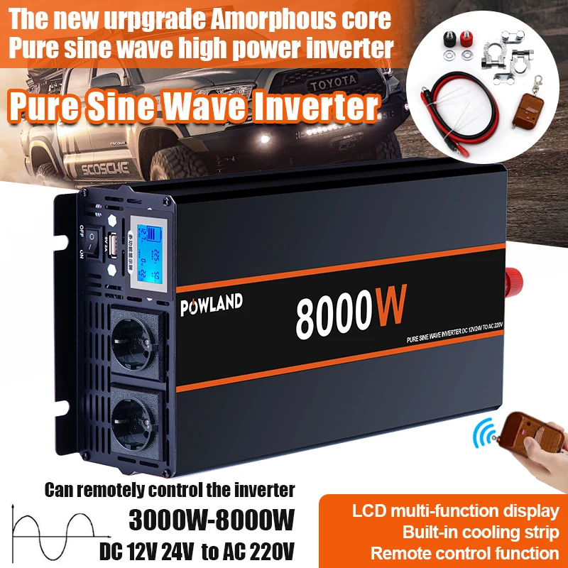 POWLAND Reiner Sinus-Wechselrichter DC 12V zu AC 220V 8KW 6KW 5KW 4KW 3KW Tragbarer Power Bank-Konverter Solar-Wechselrichter UN EU-Stecker