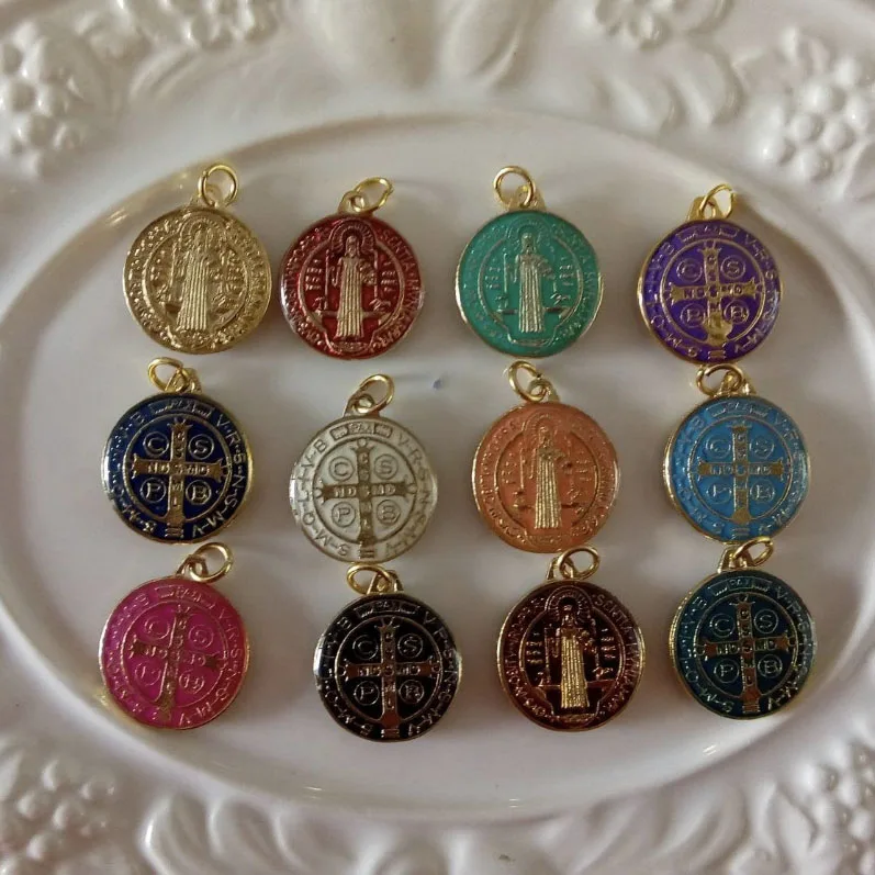 50 pcs Religious Set of multicolor Saint Benedict Medals Catholic   Gold Plated SB Medal Coin San Benito Favors Gifts