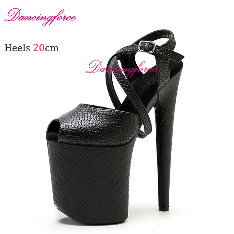 Sexy 20cm Super High Heels Pole Dance Women Sandals Snake Print Peep Toe Thick Platform Nightclub Thin Heels Model Catwalk Shoes