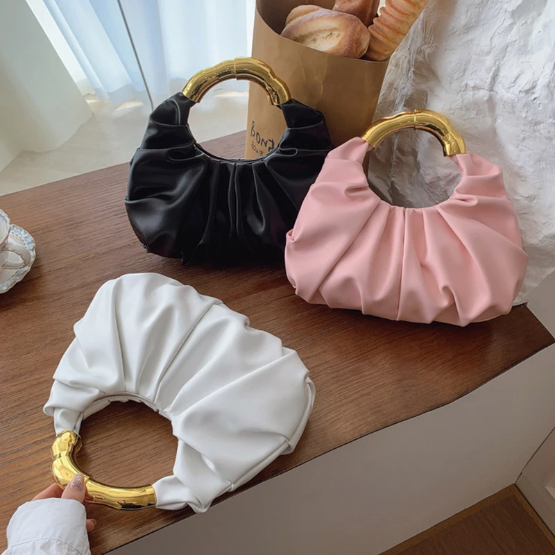 Cloud Shaped Women Tote Bag,Pleated Design Solid Color Asymmetrical Top-Handle Handbag,Minimalist Evening Elegant Clutch Purse