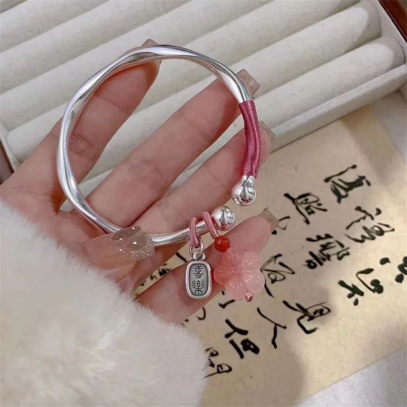 

999 pure silver ancient method pearl opening bracelet, peace and joy pink crystal pendant, silver jewelry gift for girlfriend