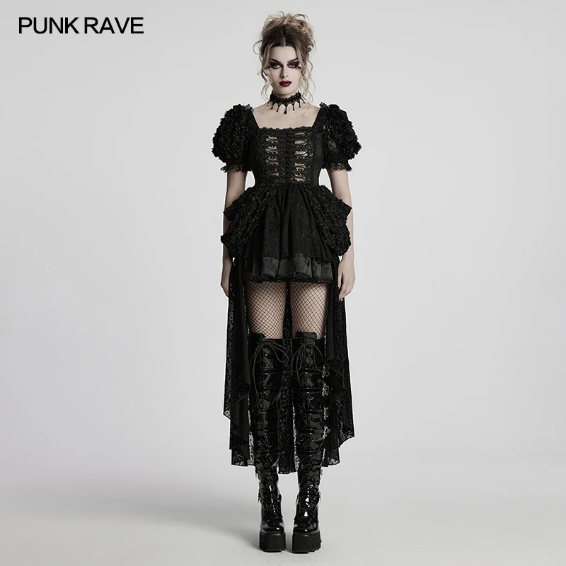 

PUNK RAVE Women's Lolita Romantic Beautiful 3D Embroidered Lace Sweet Cool Dress Bubble Sleeves Gorgeous Fluffy Skirt Dresses