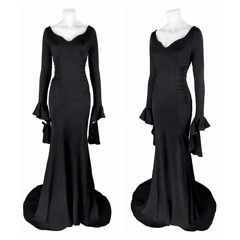 Robe Morticia Addams pour femmes, Costumes d'halloween pour femmes adultes, Costume de famille Addams, robe Maxi, col en v, manches longues