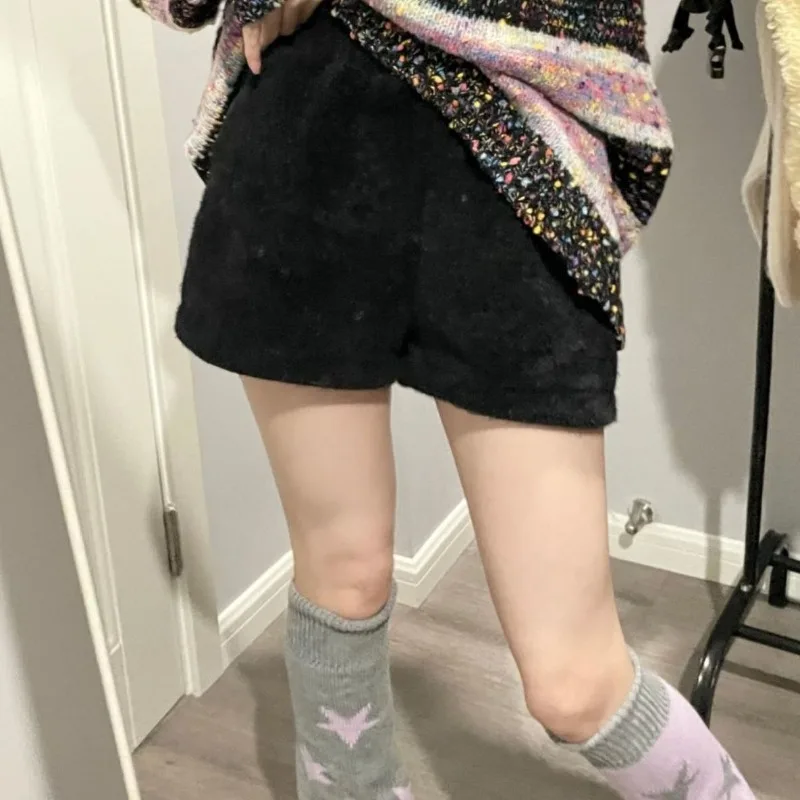 Mink Fur Shorts Women Y2k Loose A-line Wide Leg Harajuku Gothic Elastic High Waist Short Pants Pantalones Cortos De Mujer