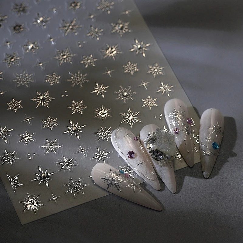Silver White Snowflake Rhinestone Star Love Heart Lace Winter Chic Snow Shiny Chic Delicate 5D Nail Art Stickers Manicure Decals