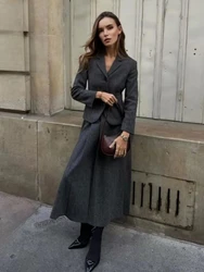 Women's Textured Faux Wool Blazer Skirt Suit Lapel Single Breasted Slim Fit Jacket High Waist Pleated Cape Skirt Winter Chic Set