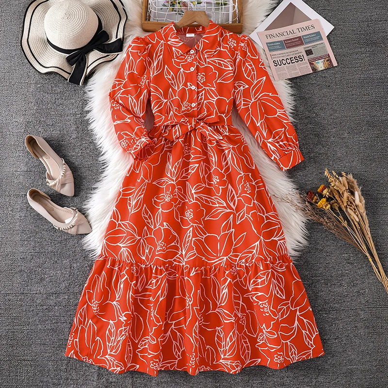 Teen Girls Red Outline Print Long Sleeve Dress, Stand Collar Gathered Waist Layered Ruffle Swing Casual Kids Outfit