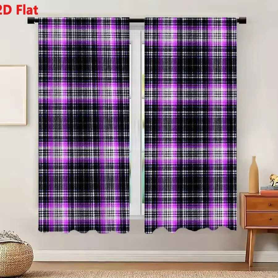 2Pcs Curtains 2D Flat Seamless Plaid Pattern With Vibrant Purple Black White And Gray Tartan Design For Fabric Prints And Digita
