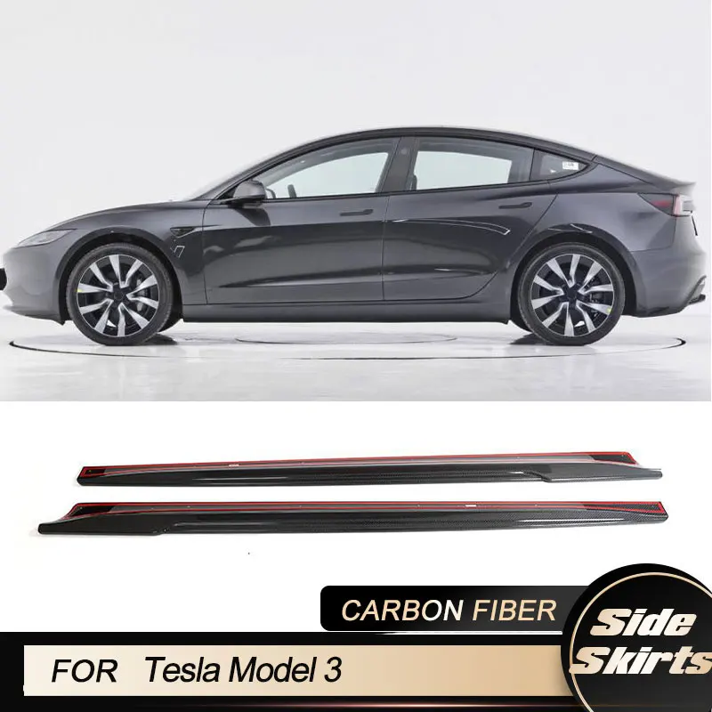 Car Side Skirts Extensions for Tesla Model 3 Sedan 4-Door 2023 Racing Side Door Bumper Apron Lip Body Kits Full Carbon Fiber