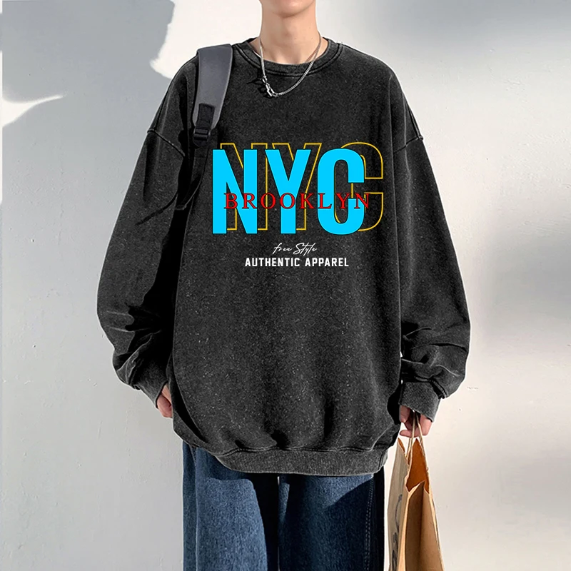 

Vintage Men Washed Sweatshirts Brooklyn New York City Printing Hoodies Oversize Crewneck Cotton Pullover Casual Couple Clothes