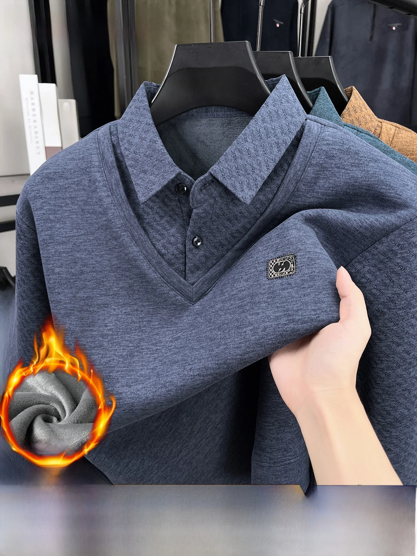 

Men's Wool Blend Fce Lined Long Sve irt Collared Fake Two-Piece Design Warm Base Layer Winter Faion for Dad