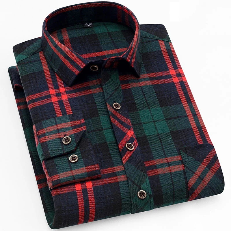 2023 Autumn Casual Men's Flannel Plaid Shirt Brand Male  Collar Fleece Lined Thickened Special Wide Fit Shirt