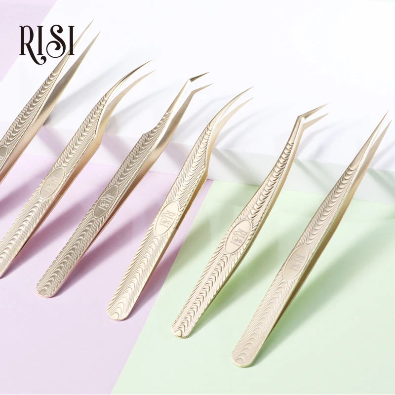 

RISI Gold Precision Professional Eyelash Tweezers Antistatic Stainless Curved Straight Tweezers For Eyelashes Extension