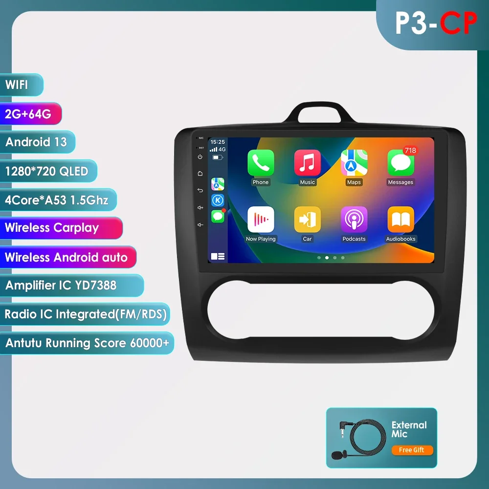 Hizpo 2din 9Inch Android13 Autoradio Voor Ford Focus 2 Mk2 2004 - 2011 Auto Ac Carplay Gps Navi Bt 4G Rds Dsp Swc Ui8581 Headunit