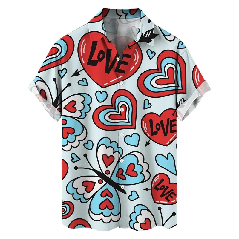 Camisa de manga corta con botones para hombre, camisa con estampado 3d para el Día de San Valentín, cuello italiano, informal, a la moda, para playa, Verano