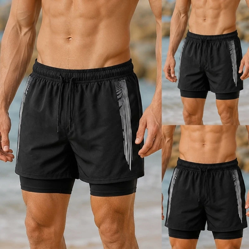 Men's Quick Drying Swim Trunks 2 Layer Beach Shorts Breathable Elastic Waist Fast Dry Bathing Shorts 69HD