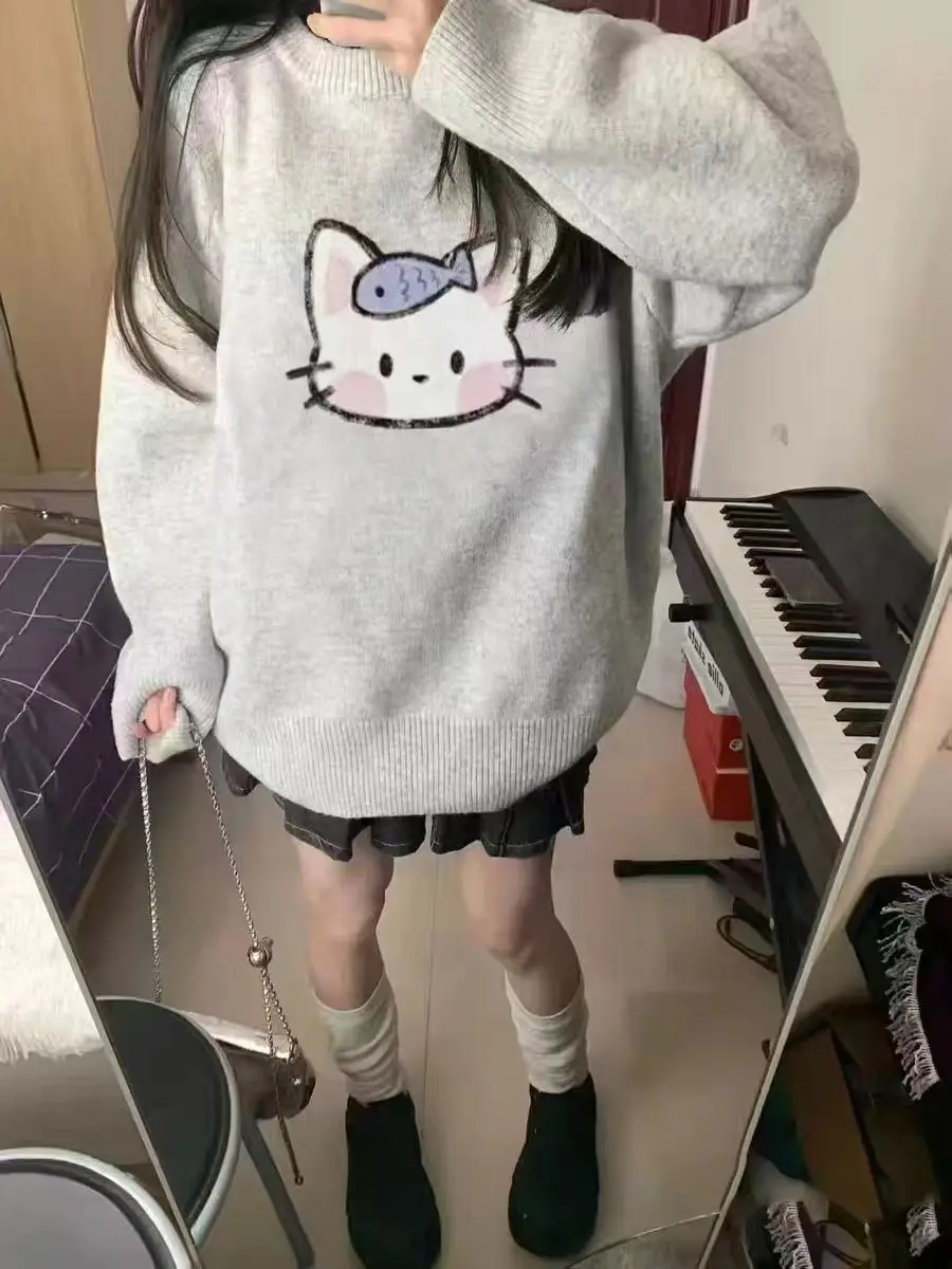 

Осень-зима 2022, новый жаккардовый вязаный свитер с рисунком милой кошки и рыбы, женские пуловеры с круглым вырезом и длинными рукавами, трикотаж, корейский джемпер