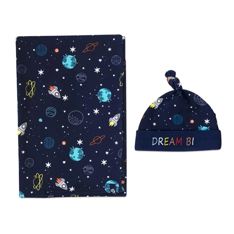 Cartoon Print Newborn Baby Swaddles Towel Receiving Blanket with Beanie Hat Babies Photography Props Infant Accessories P31B