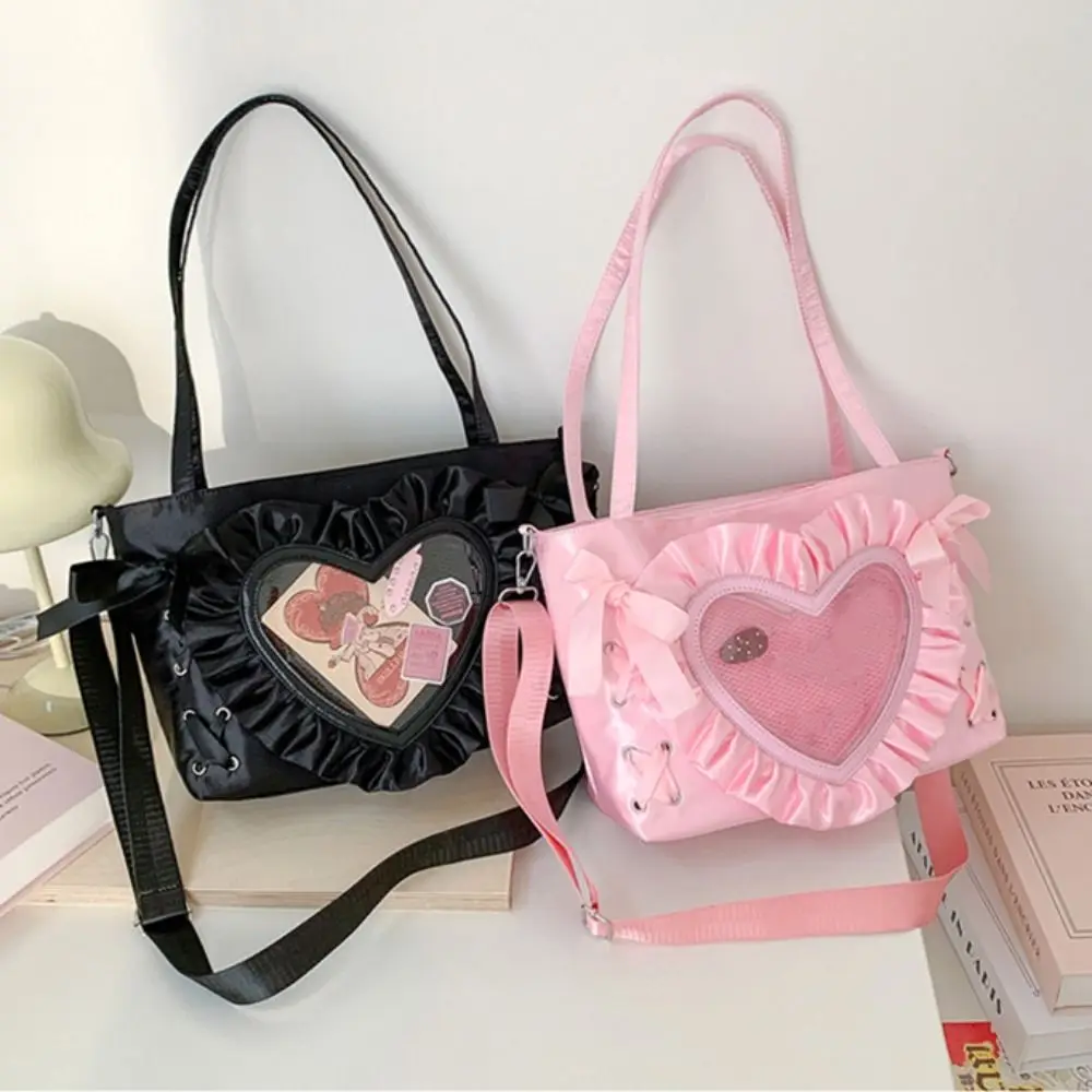 

Creative Lace-up Heart Itabag Ribbon PU Anime Tote Bag Badge Display Love PVC Transparent Shoulder Bag Men