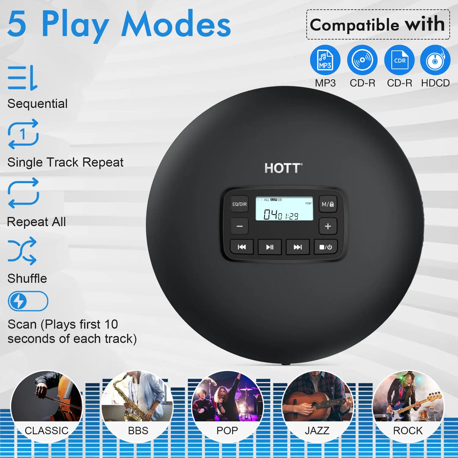 مشغل أقراص CD محمول ساخن للمنزل والسيارة ، مشغل CD مع سماعات ستيريو ، حماية ضد الصدمات ، أسود ، CD204