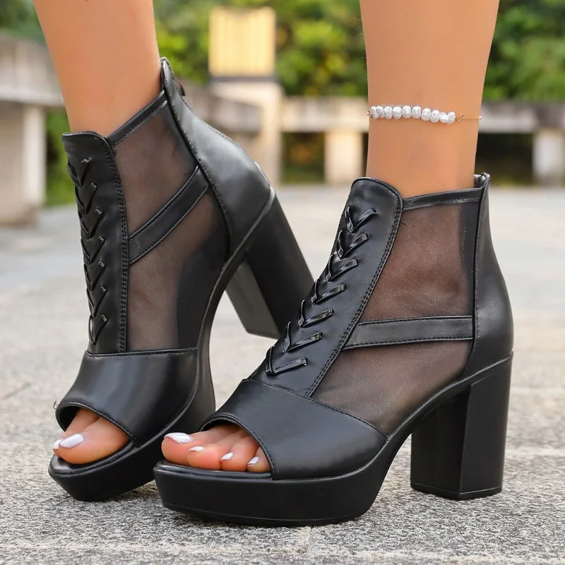 Women Peep Toe Ankle Boots Mesh Splicing Chunky Heel Street Style Music Festival Outfit And Dress Outfit Essential