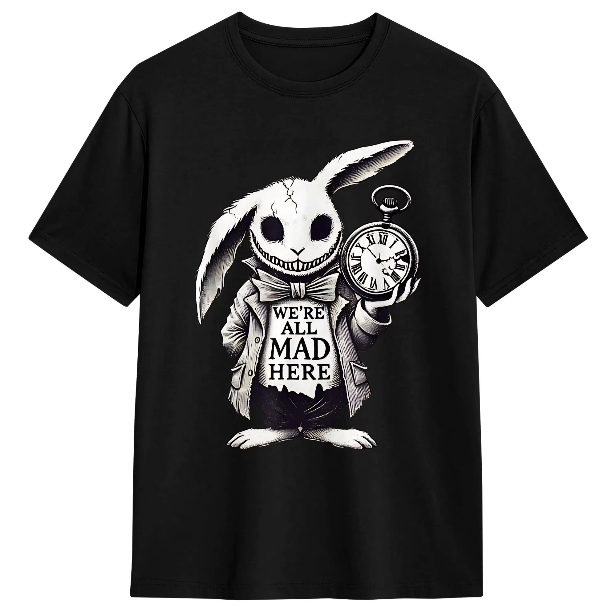 Quote Fun A-Alice In Wonderlands We're All Mads Here Rabbit Hatter T-Shirt Summer Fashion T-Shirts Male Cotton Plus Size Clothes