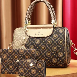 Elegant Fashion Women's Bag Set, 3-Piece European Style Tote and Wallet Combo, Geometric Pattern Faux Leather Handbag with Zip C