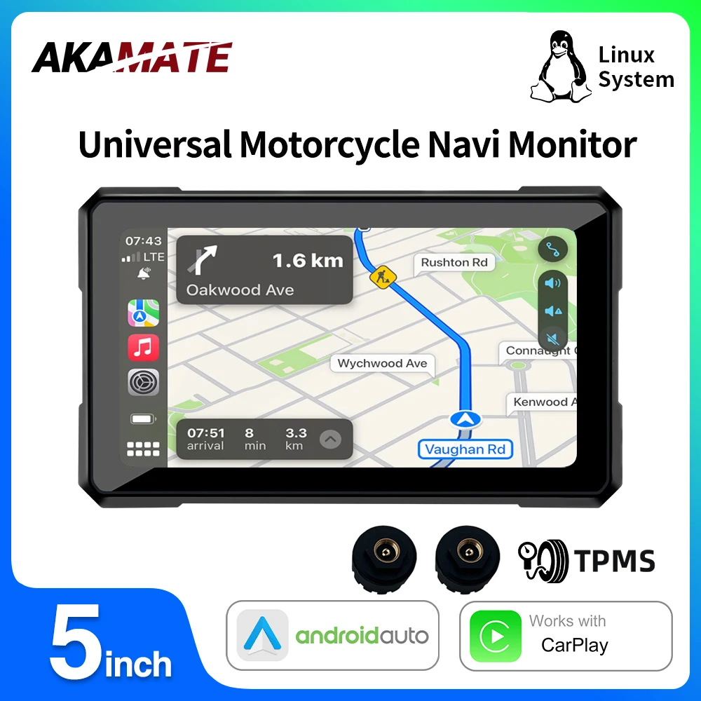 

5-дюймовый мотоциклетный монитор, беспроводной CarPlay, Android, GPS-навигация, IPS-экран, Bluetooth, портативный сенсорный экран