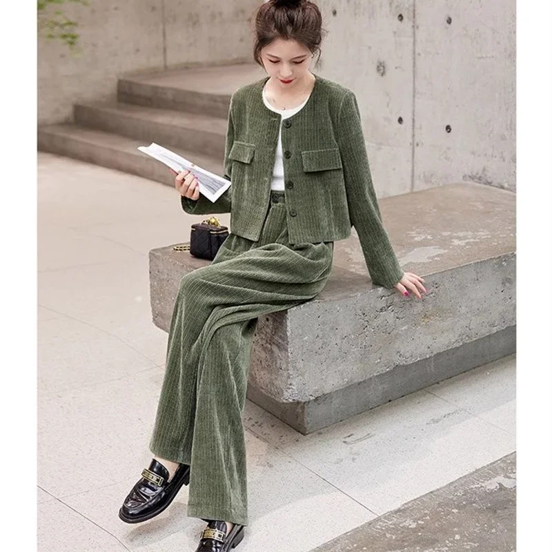 Lnsozkdg Autumn Corduroy Sets Cardigan Coats + Wide Leg Pants 2Pcs Suit Solid Ladies Elegant Outfits Female Fashion Streetwear