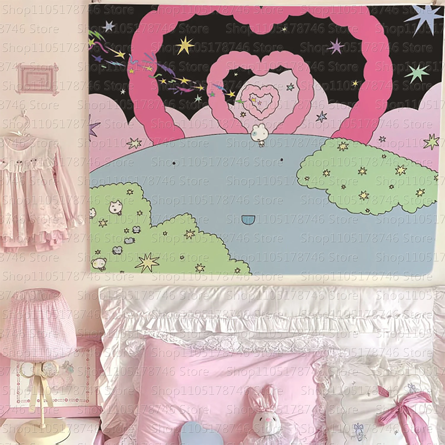 Cartoon cute heart tapestry student dormitory background wall wallpaper rental house decoration fabric room background cloth