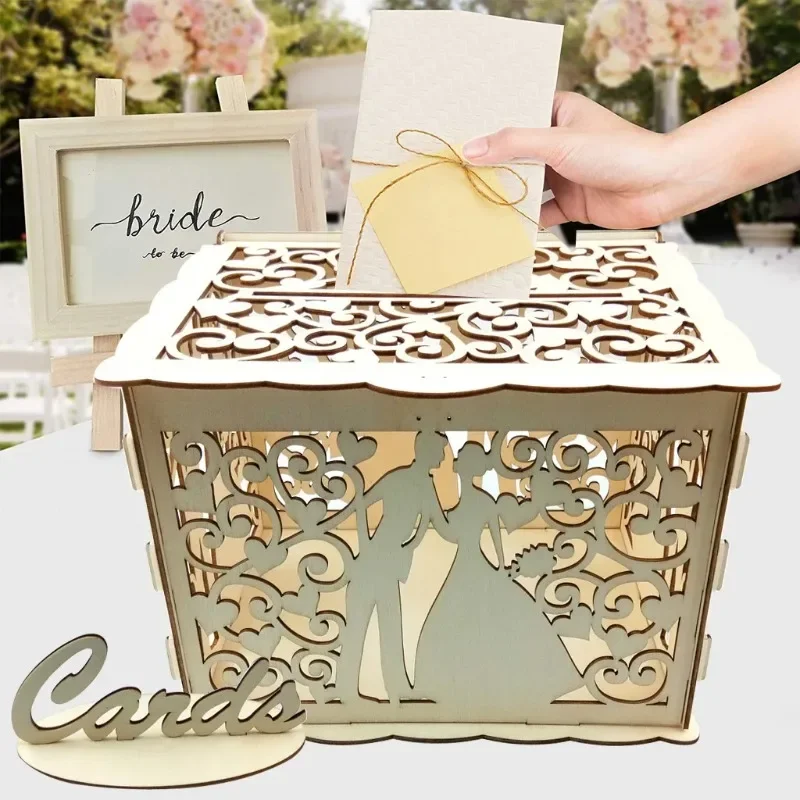 DIY Wooden Wedding Gifts Card Boxes With Lock Mr&Mrs Couple Flower Pattern Envelope Sign Cards Wood BoxRustic Wedding Supplies