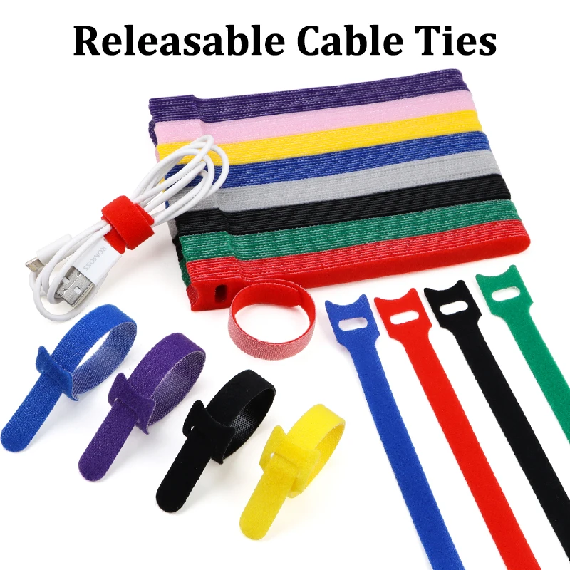 50Pcs Releasable Cable Ties Colored Nylon Loop and Hoop Fastener Tape Cord Straps Wire Organizer Multi-Purpose Bundling Wrap Tie