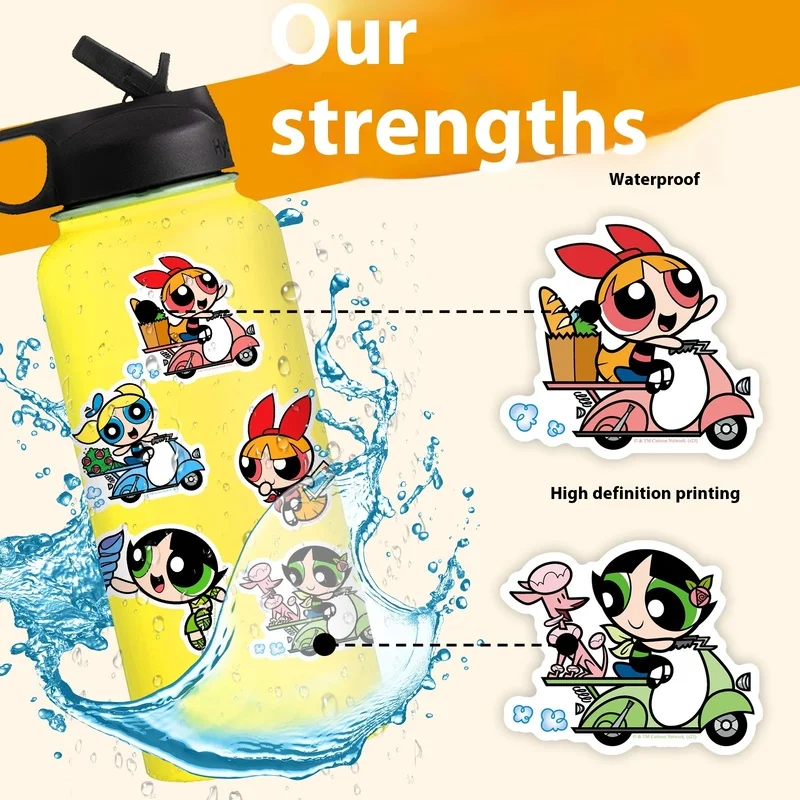 Powerpuff gadis stiker kartun 50 buah Diy stiker tahan air untuk telepon kulkas bagasi Anime gambar mainan stiker hadiah