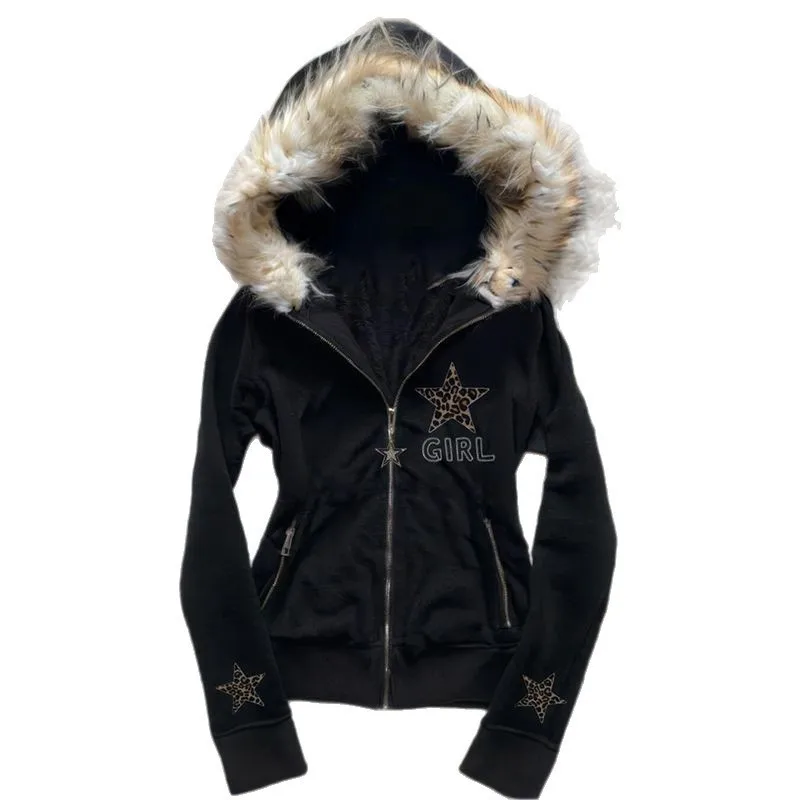 Retro Herbst und Winter Subkultur schwarzer Leopardenmuster Stern Kapuze Fleece Kragen Reißverschluss Sweatshirt Y2K Hoodie
