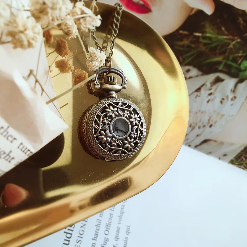 Small Cute Bronze Quartz Pocket Watch for Men Women Laser Engraved Carving Case Fob Chain Pendant Necklace Clock Collection Gift