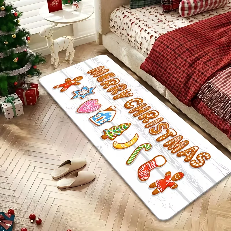 Gingerbread Cookie Merry Christmas Print Carpet Christmas Runner Rug Hallway Bedroom Bedside Rug Retro Wood Grain Home Decor