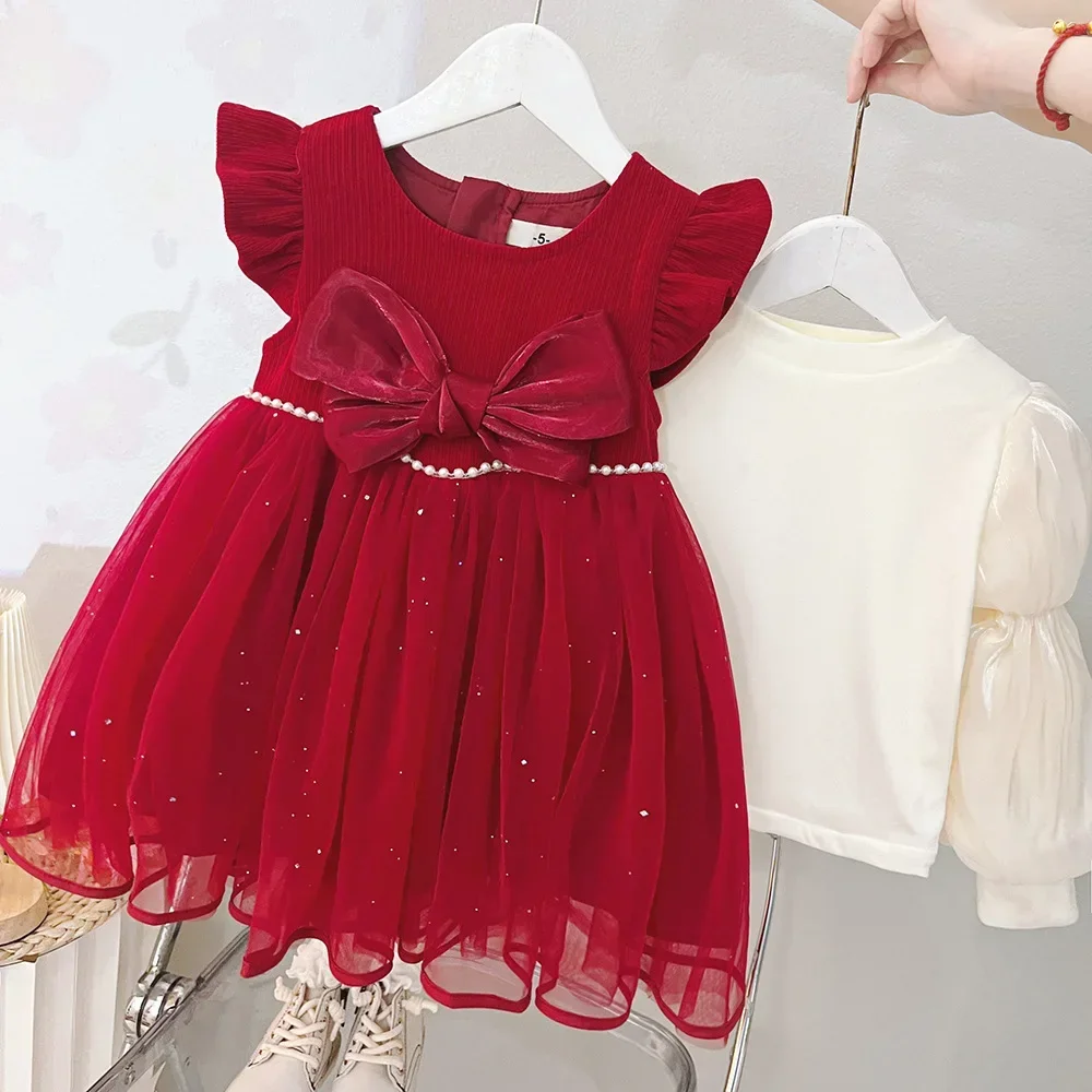 2023 Winter Baby Girl's Clothes Dress For Newborn Christmas 1st Birthday Velvet Thick Warm T-Shirt+ Strap Dress Suits 1-4years