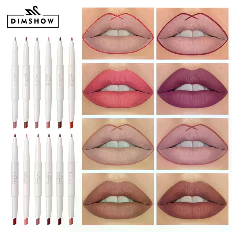 DIMSHOW Matte Lip Liner Lipstick 2 In 1 Pen Long Wearing Non Transfer Sexy Red Rotating Double Headed Makeup Cosmetics