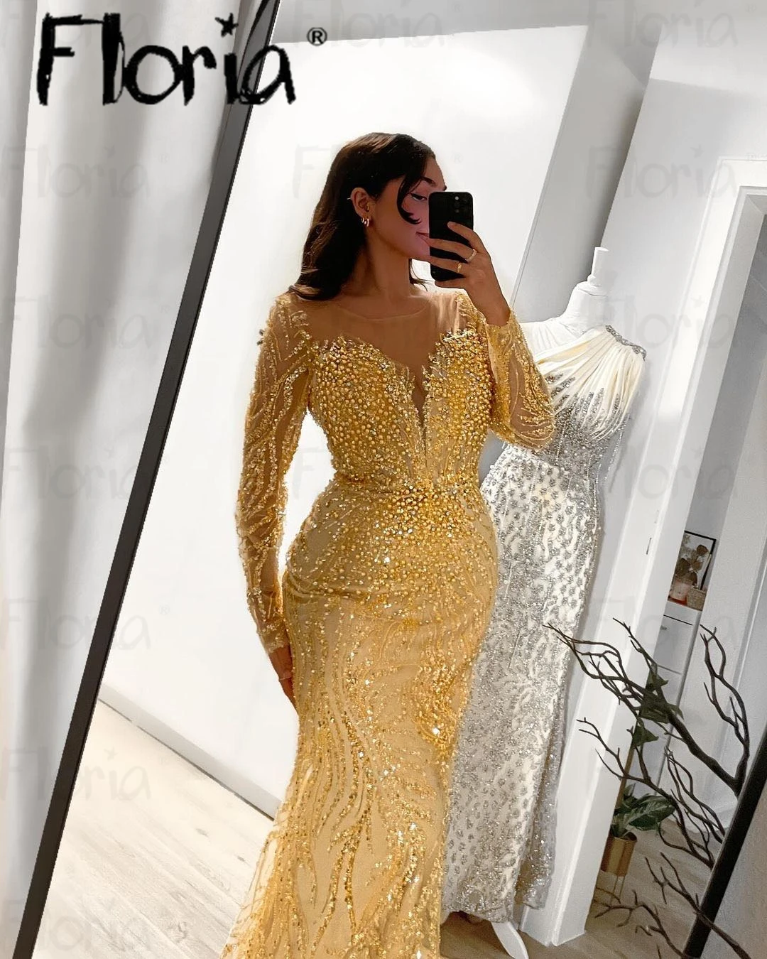 Floria Gold Glitter Sequins Pearls Long Sleeve Evening Dress Nude Mesh Neck Mermaid Wedding Dinner Party Gowns Arabic Prom Dress