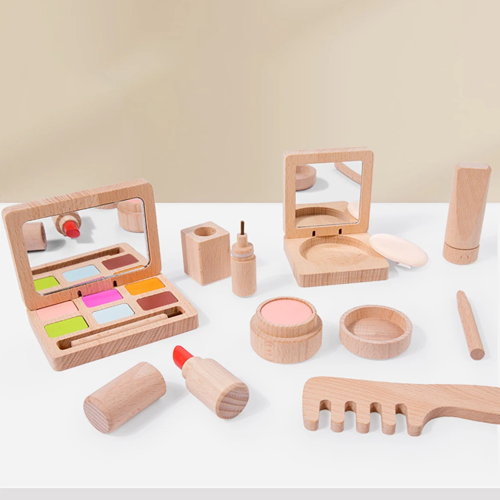 

Wooden Makeup Toy Set for Kids Girls Realistic Cosmetics Eyeshadow Lipstick Blush Portable Pretend Play Toys Birthday Gift