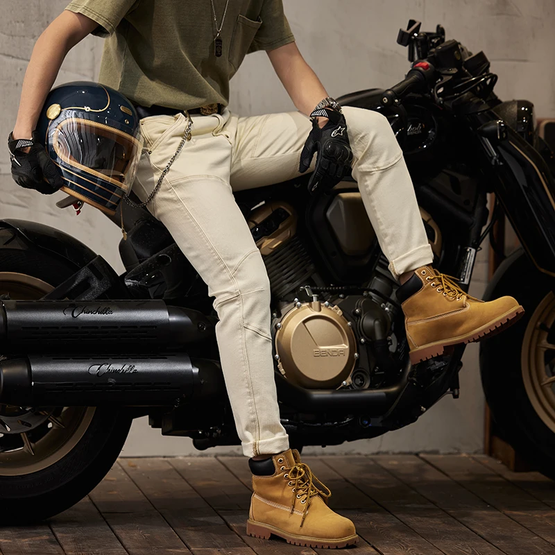 Beige Jeans Men's Slim Fit Fashionable Retro Non-Mainstream Stitching Motorcycle All-Matching Long Pants Nightclub