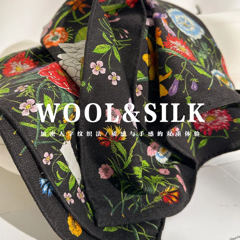 

70% wool 30% Silk Scarf Square for Women Neck Scarves Print Luxury Neckerchief Bandana Spring Foulard Female Shawl echarpes 65cm