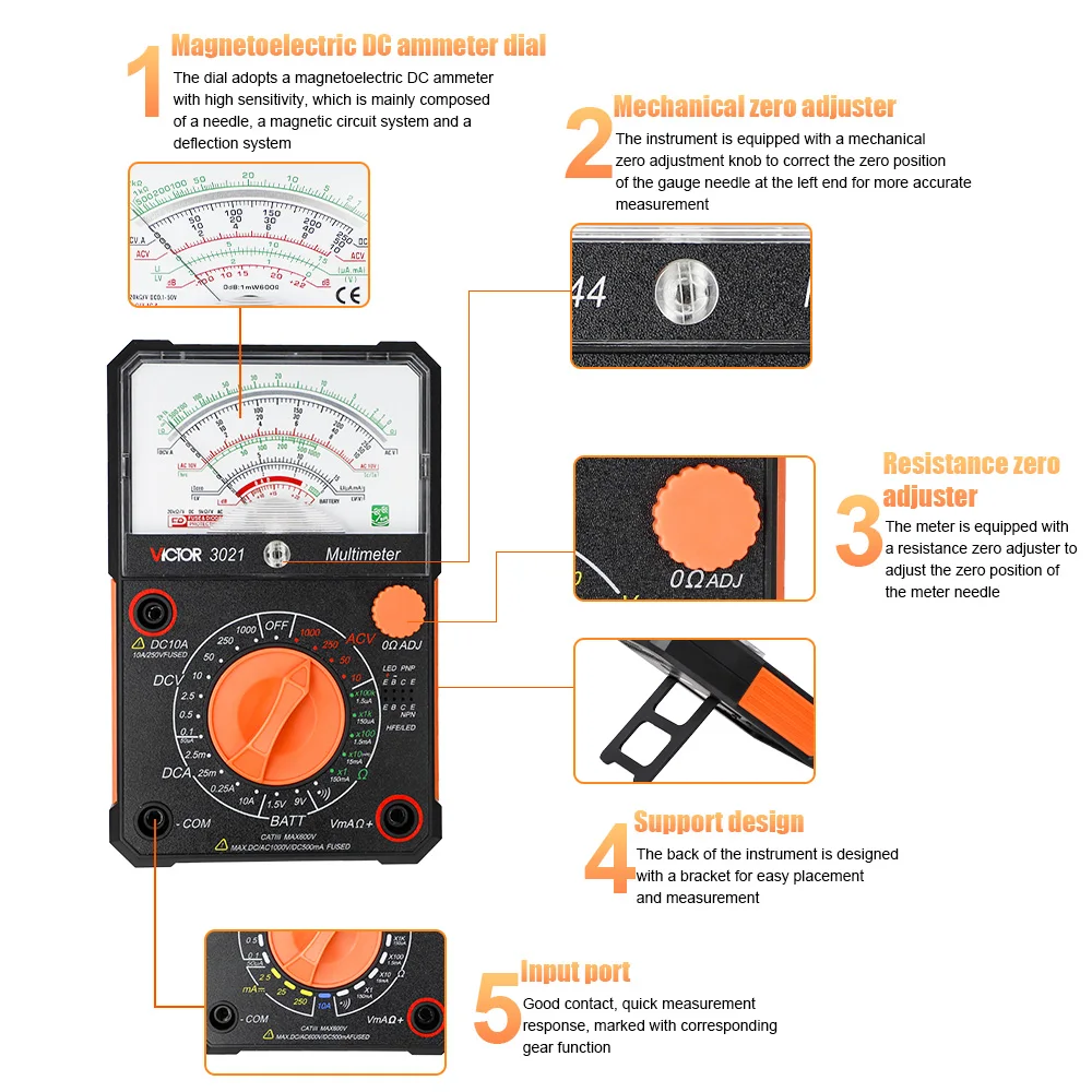 Victor 3021 multímetro analógico ponteiro de alta precisão multimetro 1000v voltímetro amperímetro resistor tester boas ferramentas transistor