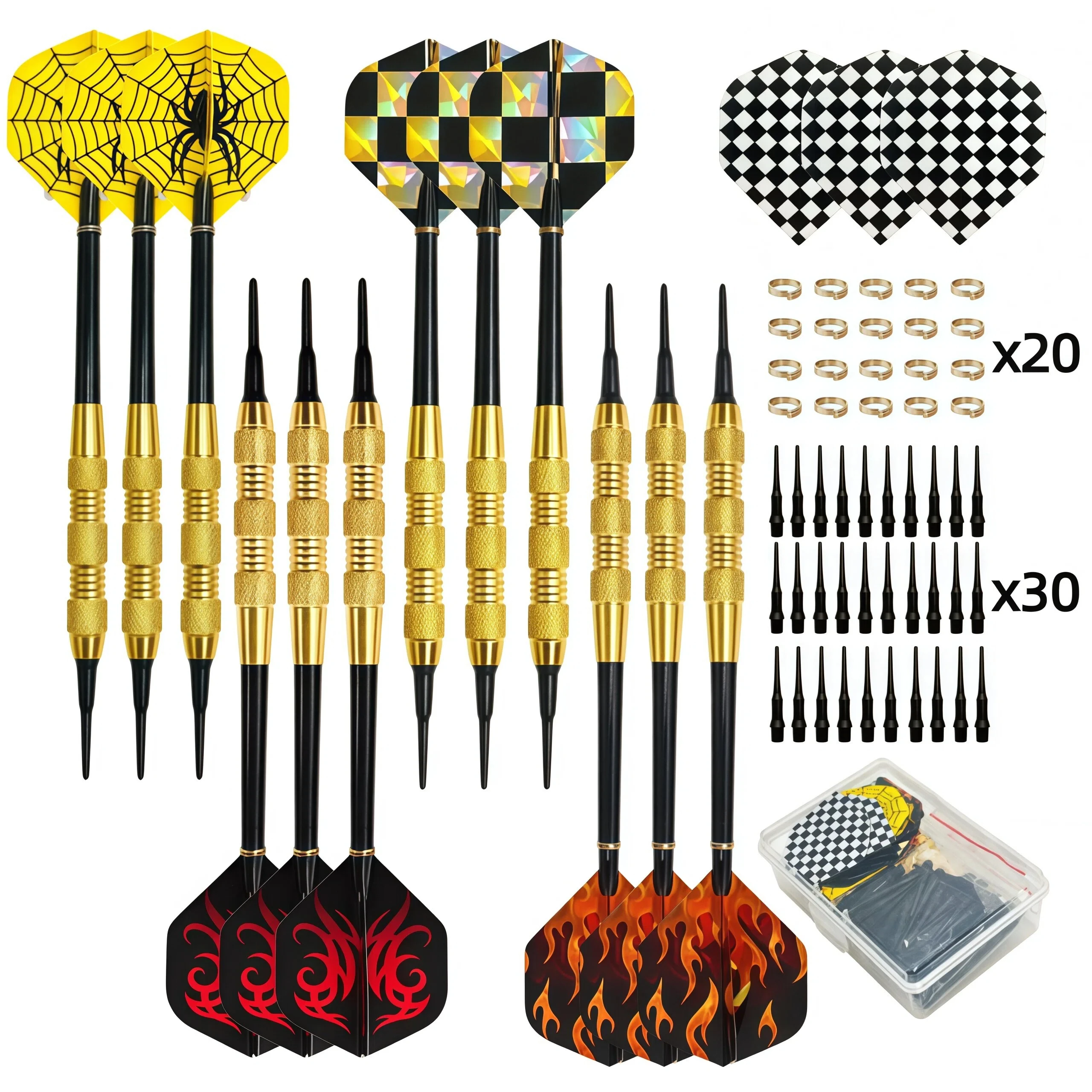 Classic and Durable Soft Dart Set of 12, 15g Gold Iron Deep Groove anti Slip Dart Barrel, including Multiple Replaceable Accesso